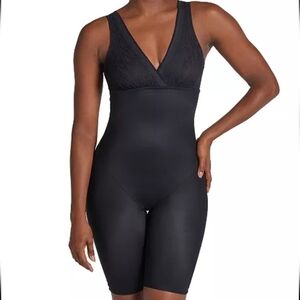Leonisa Sheer Stripe Detail Sculpting Mid-Thigh Bodysuit Shapewear Black Size SM